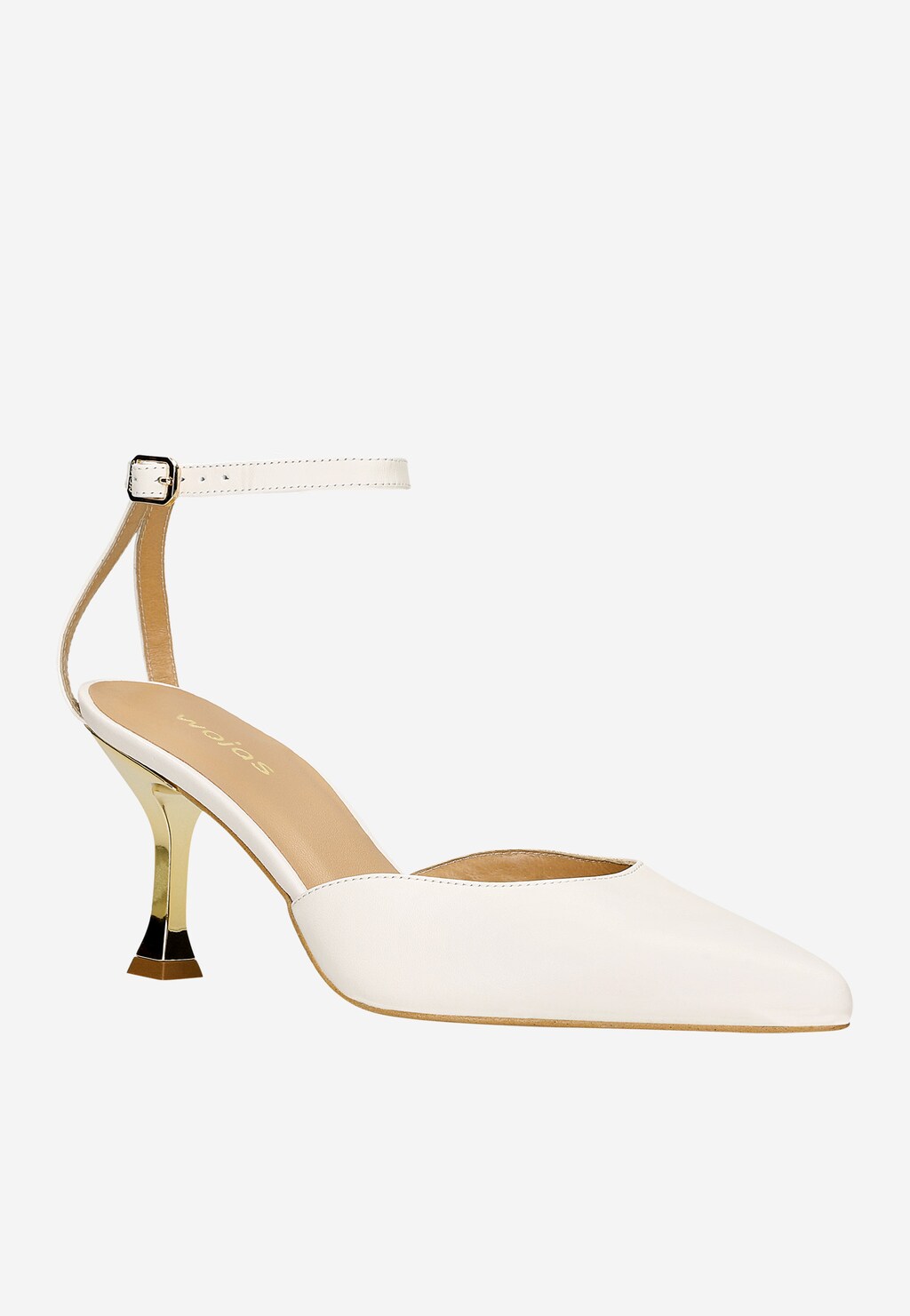 Białe skórzane czółenka Wojas model 35170-59 z cienkim paskiem na kostce, spiczastym noskiem i eleganckim złotym obcasem, widok z boku.
