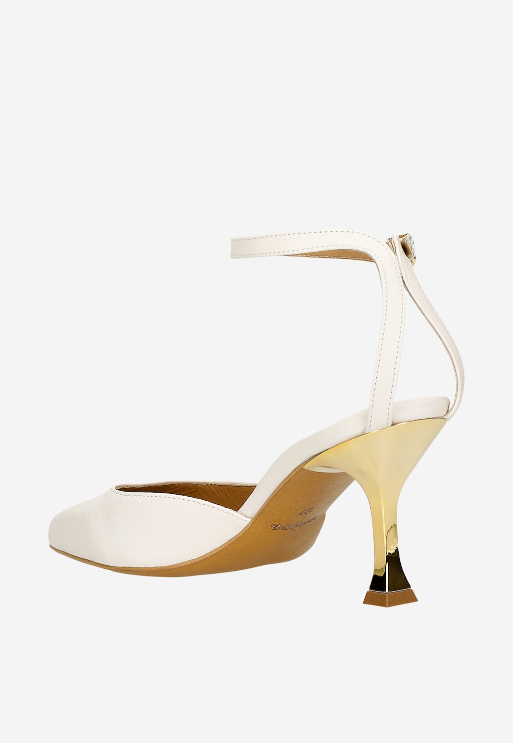 Białe skórzane czółenka Wojas model 35170-59 z zapięciem na kostce i charakterystycznym złotym obcasem, widok z boku pokazujący elegancką linię buta.