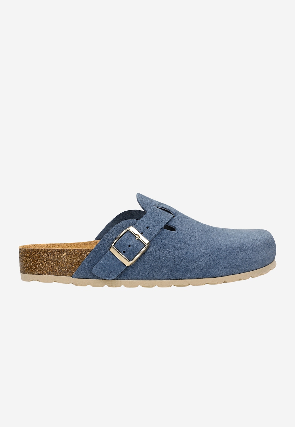 Niebieskie klapki mule Wojas 74148-66 z zamszową cholewką, klamrą z boku i korkową podeszwą, prezentowane z bocznej perspektywy na jasnej podeszwie.