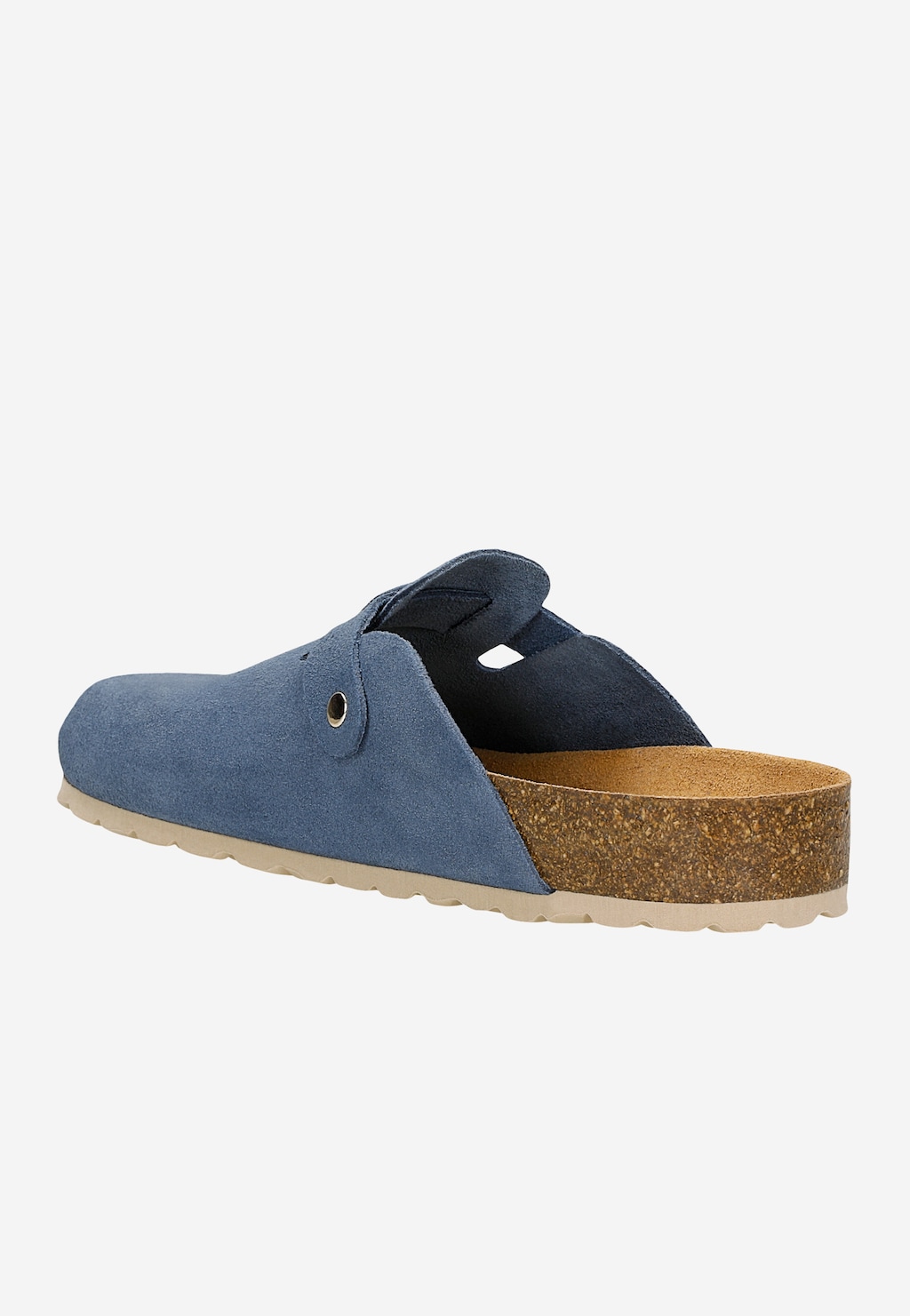 Niebieskie klapki mule Wojas model 74148-66 z zamszowej skóry, widok z boku. Podeszwa korkowa z jasną, gumową podeszwą zewnętrzną. Zapinane na metalowy nit.