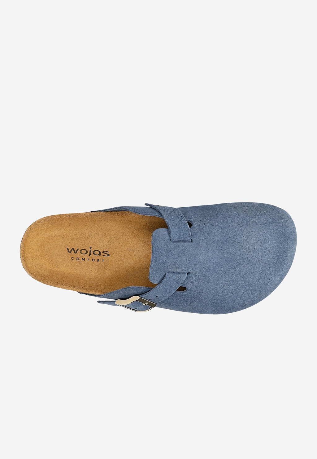 Niebieskie klapki mule Wojas model 74148-66 z widokiem z góry. Zamszowa cholewka z regulowanym paskiem i klamrą, miodowa wkładka korkowa z logo marki Wojas.