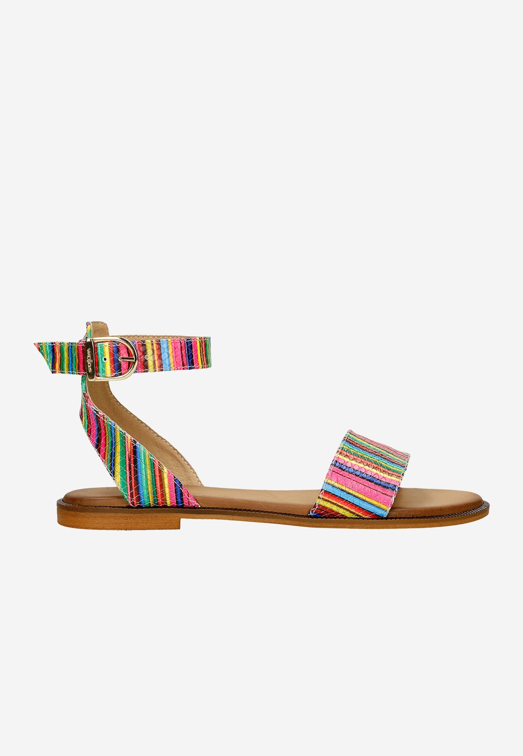 Sandały damskie Wojas 76203-50 z wielokolorowymi paskami na brązowej podeszwie. Płaski model z paskiem na kostkę i szerokim paskiem na przodzie.