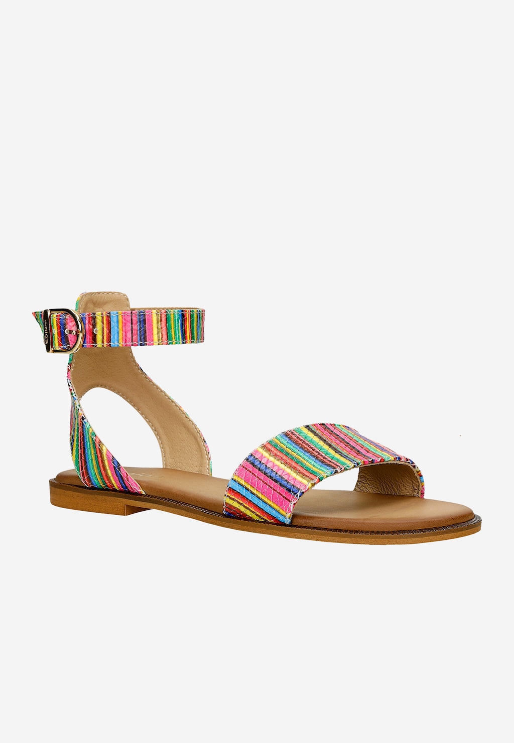 Sandały damskie Wojas model 76203-50 z kolorowymi paskami, z szerokim paskiem na przodzie oraz zapięciem na kostce, na płaskiej brązowej podeszwie.
