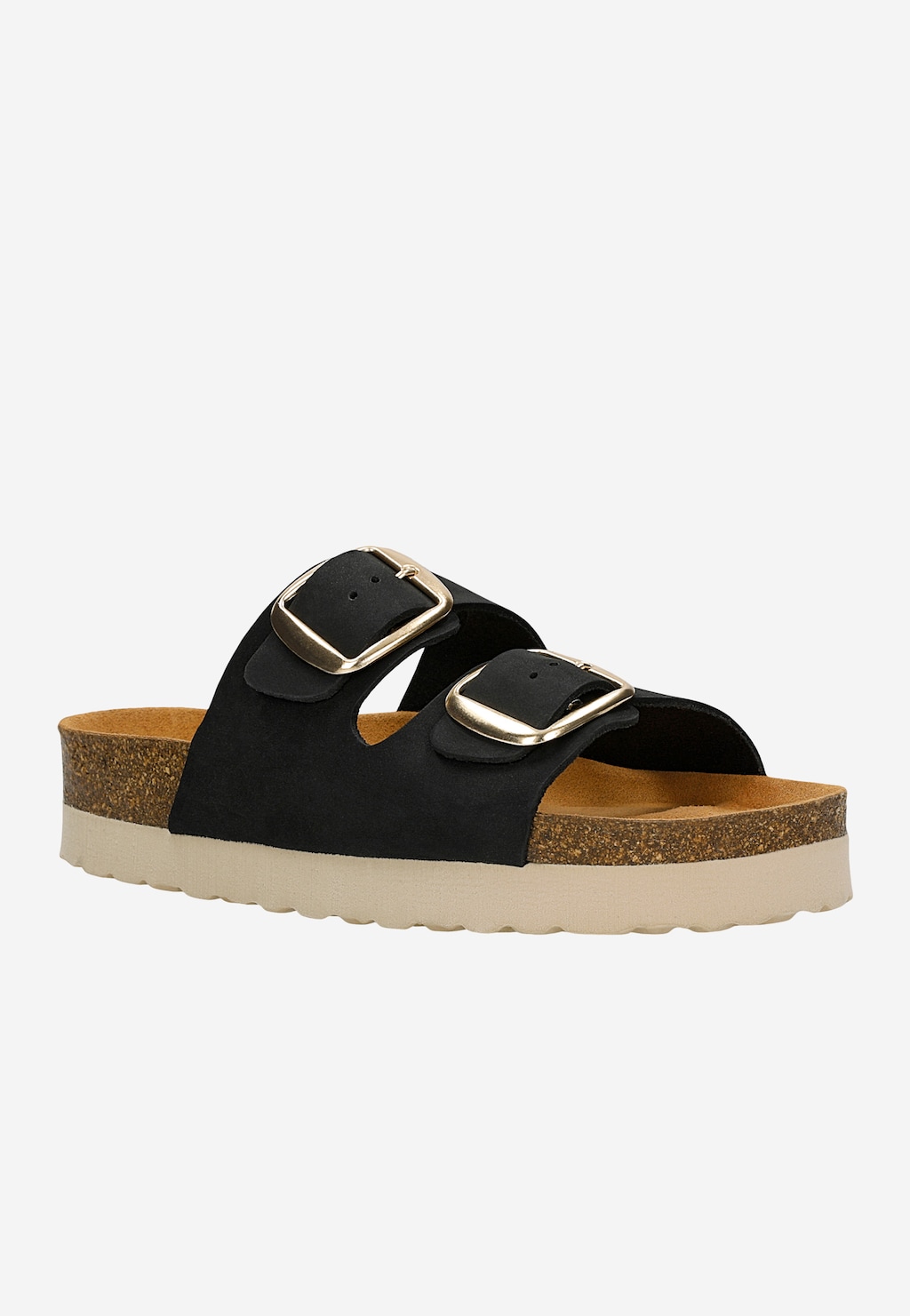 Czarne nubukowe klapki damskie Wojas 74147-21 na platformie z korka, z dwoma złotymi klamrami, beżową podeszwą i brązową wyściółką.