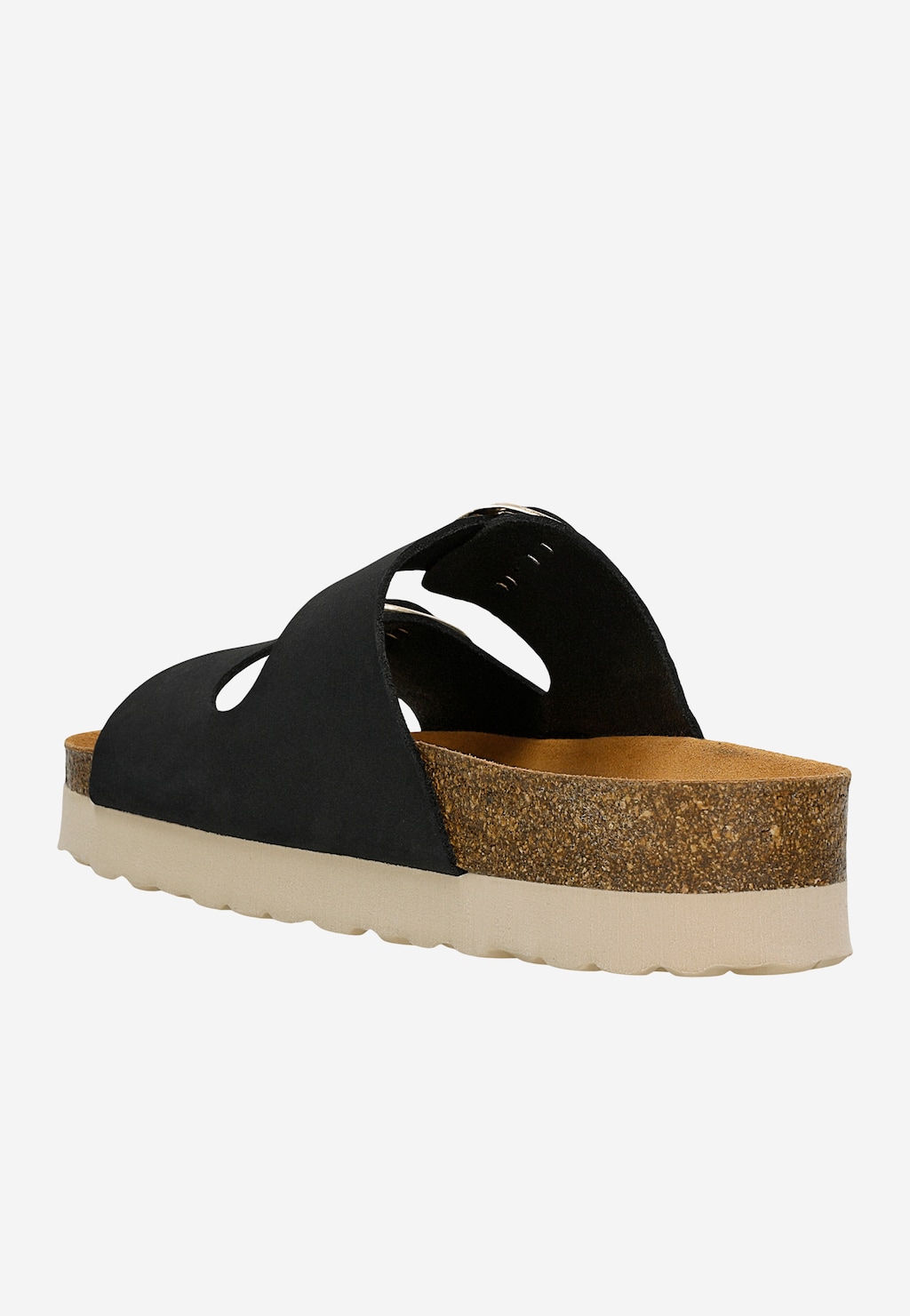 Czarne nubukowe klapki damskie Wojas 74147-21 z boku, na platformie z korka, z wyciętymi elementami na wierzchu i beżową podeszwą.