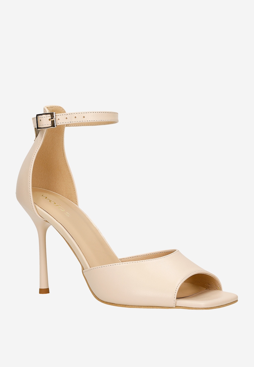 Beżowe skórzane sandały damskie Wojas model 76239-54 z paskiem wokół kostki, złotą klamrą i smukłą wysoką szpilką, widok z boku ukazujący elegancki, otwarty nosek.
