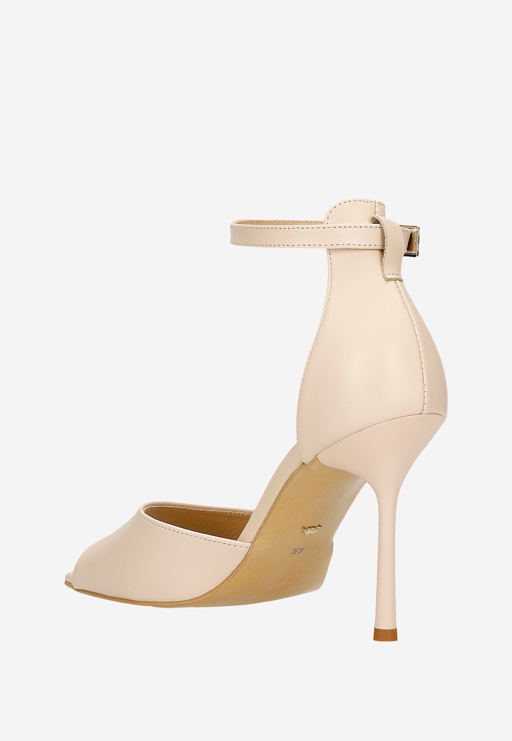 Beżowe skórzane sandały damskie Wojas model 76239-54 na wysokiej szpilce z paskiem wokół kostki i otwartym noskiem, ukazane z boku.