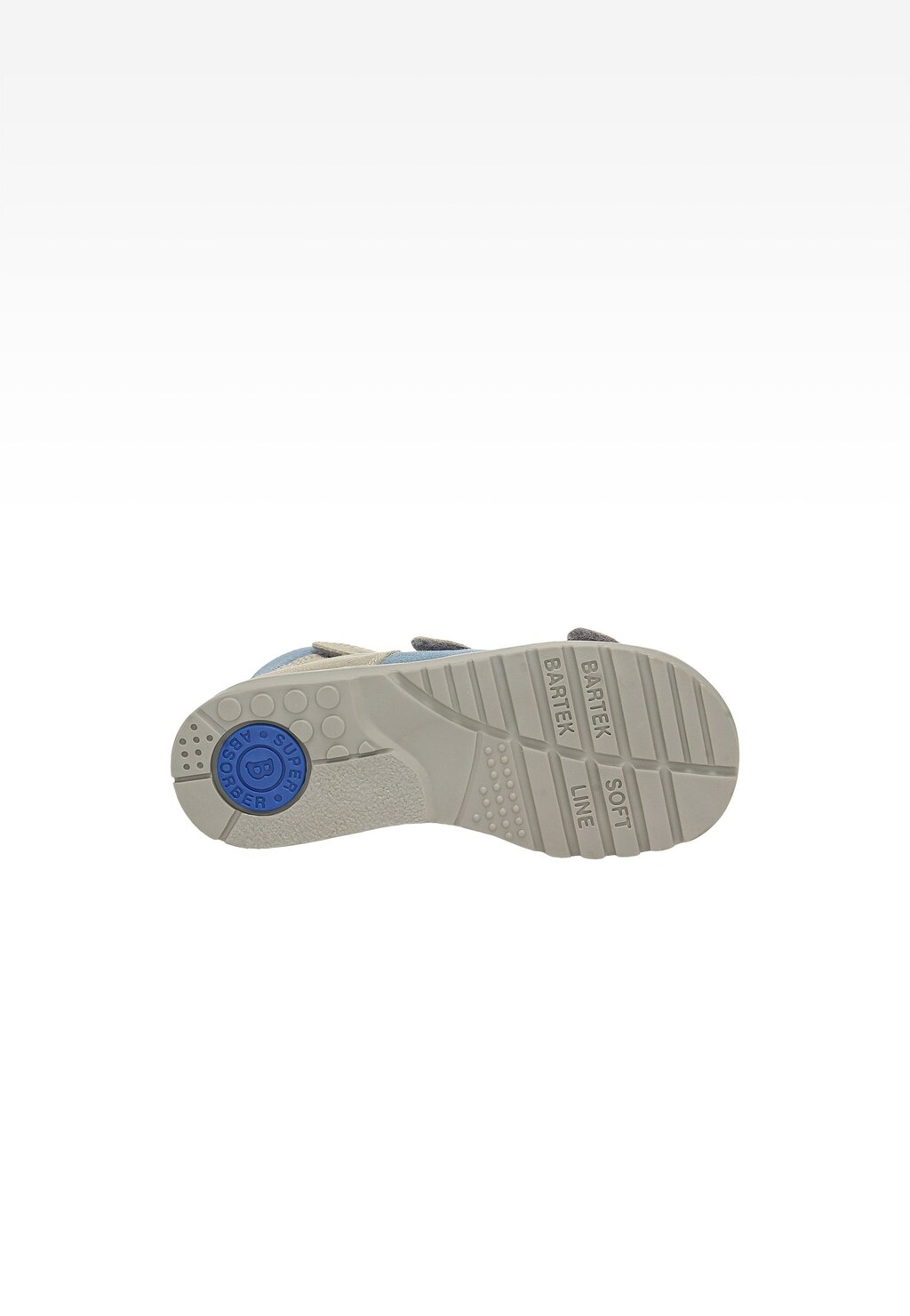 Podeszwa obuwia profilaktycznego Bartek 86804-020 dla chłopców w kolorze szaro-niebieskim, z widocznym niebieskim logo marki i napisami 