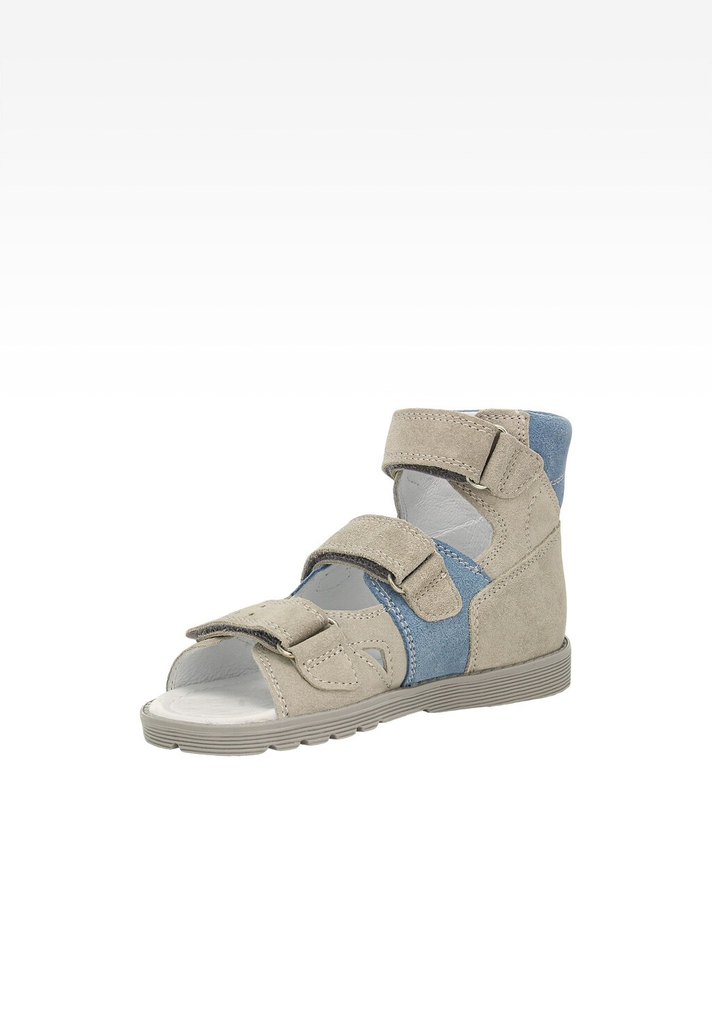 Szaro-niebieskie obuwie profilaktyczne Bartek 86804-020 dla chłopców z trzema rzepami, widok z boku. But posiada wysoką cholewkę i odkryte palce.