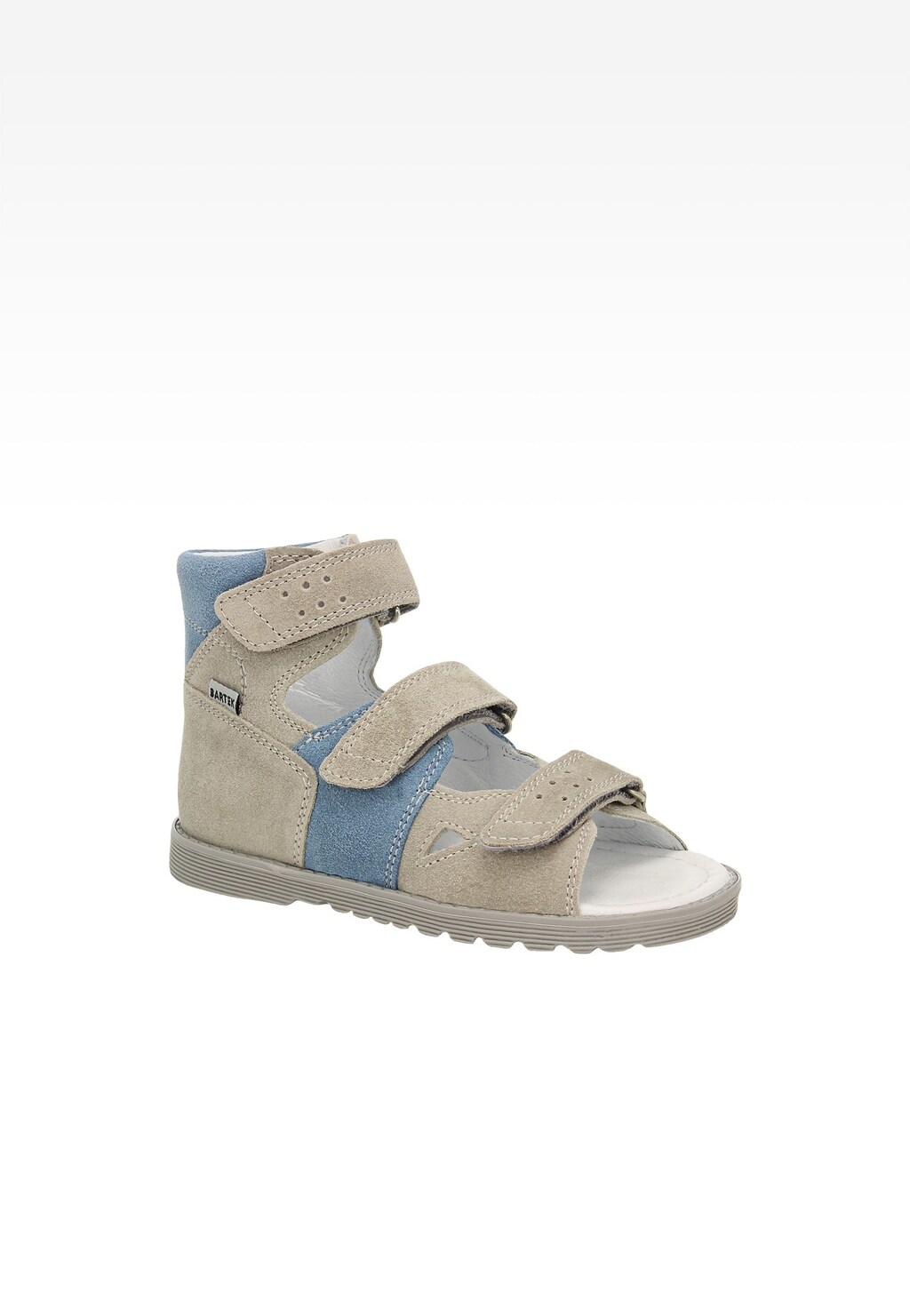 Szaro-niebieskie obuwie profilaktyczne Bartek 86804-020 dla chłopców z trzema zapięciami na rzepy, wysoką cholewką i wzmocnionym zapiętkiem, widok z boku.