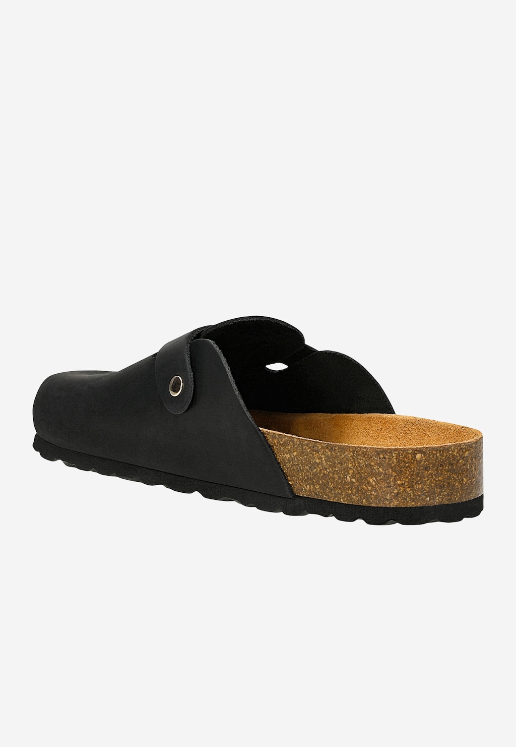 Czarne zabudowane klapki damskie Wojas 74148-91 z widoczną korkową podeszwą, pokazane z boku. But ma metalowy nit ozdobny i charakterystyczną podeszwę z czarną podeszwą zewnętrzną.