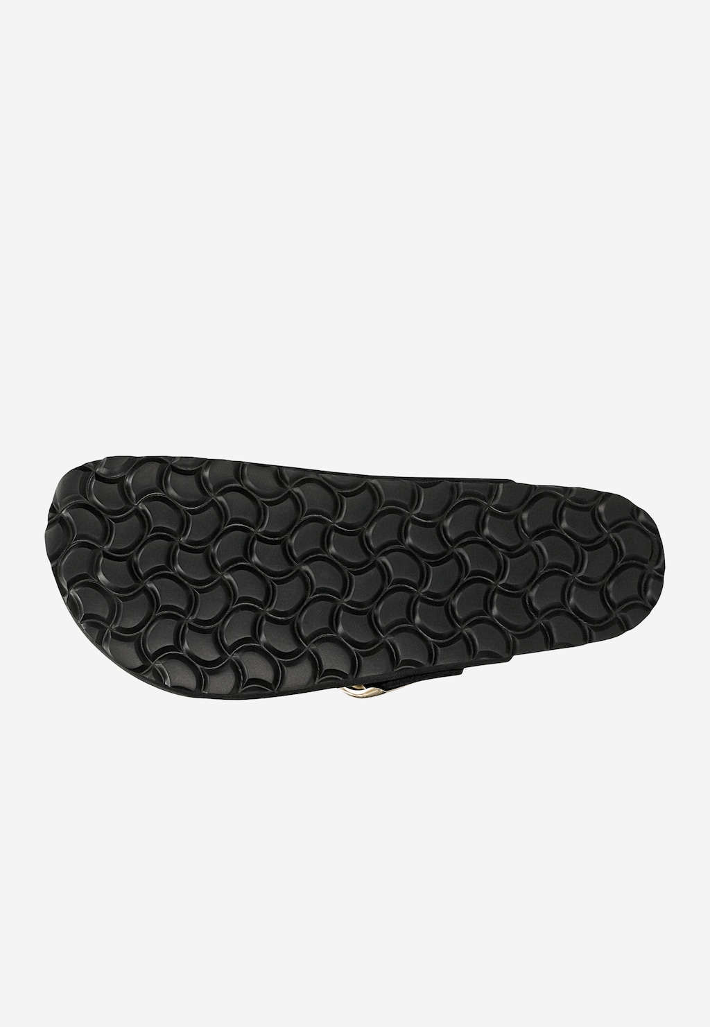 Czarna podeszwa klapek damskich Wojas model 74148-91 z charakterystycznym wzorem. Widok spodu obuwia na korkowej podstawie z teksturowaną powierzchnią antypoślizgową.