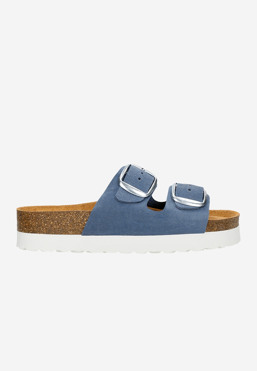 Niebieskie klapki damskie Wojas 74147-66 z dwoma klamrami, na platformie korkowej z białą podeszwą. Wygodne obuwie letnie z zamszową cholewką.