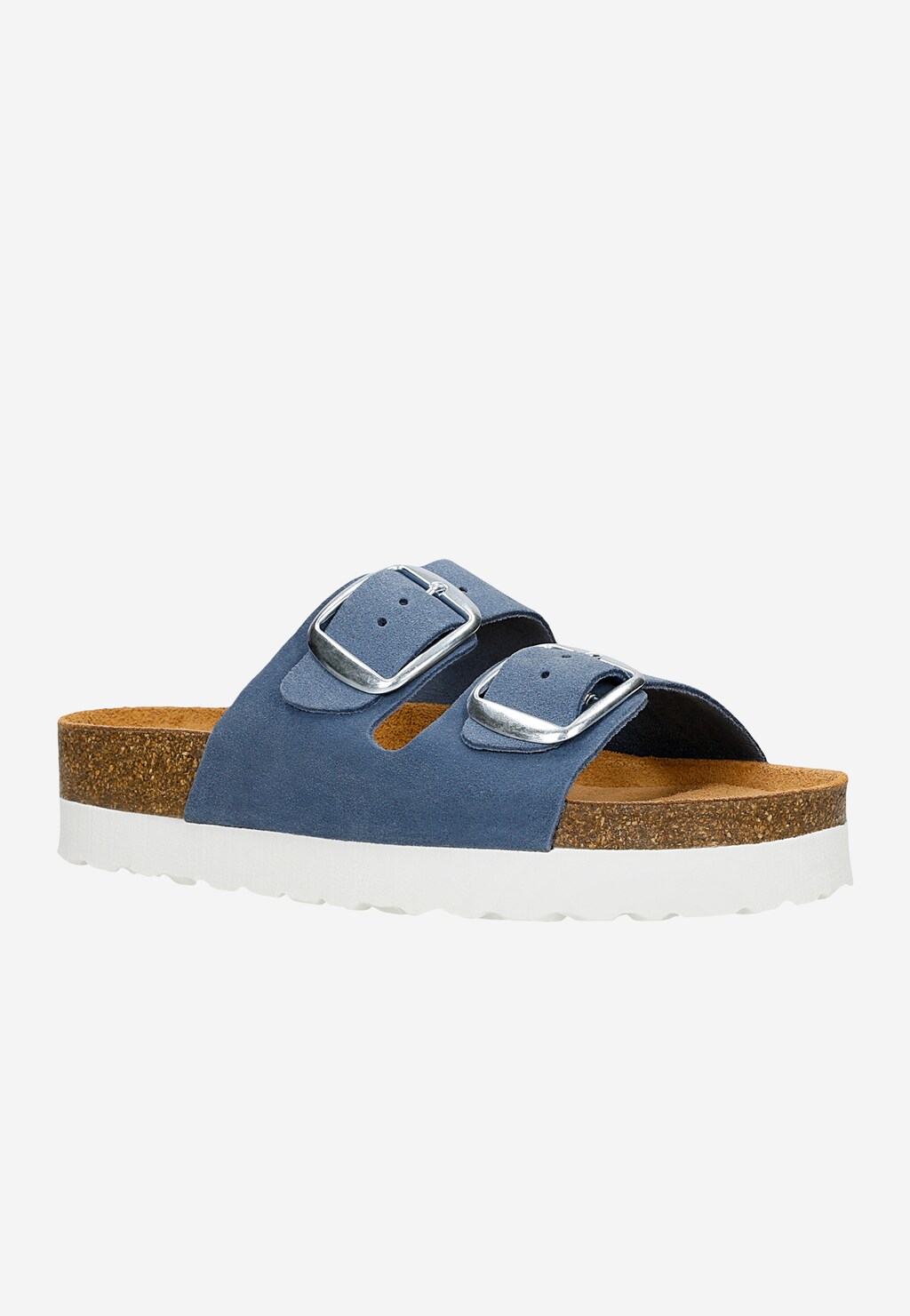 Niebieskie klapki damskie Wojas 74147-66 na platformie z korka, z dwoma metalowymi klamrami, podeszwą z białego tworzywa i wygodną korkową wyściółką.
