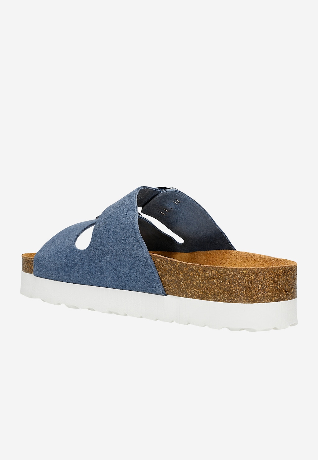 Niebieskie klapki damskie Wojas 74147-66 z zamszowej skóry, widok z boku. Wyróżniająca się korkowa platforma i biała podeszwa tworzą modny, letni wygląd.