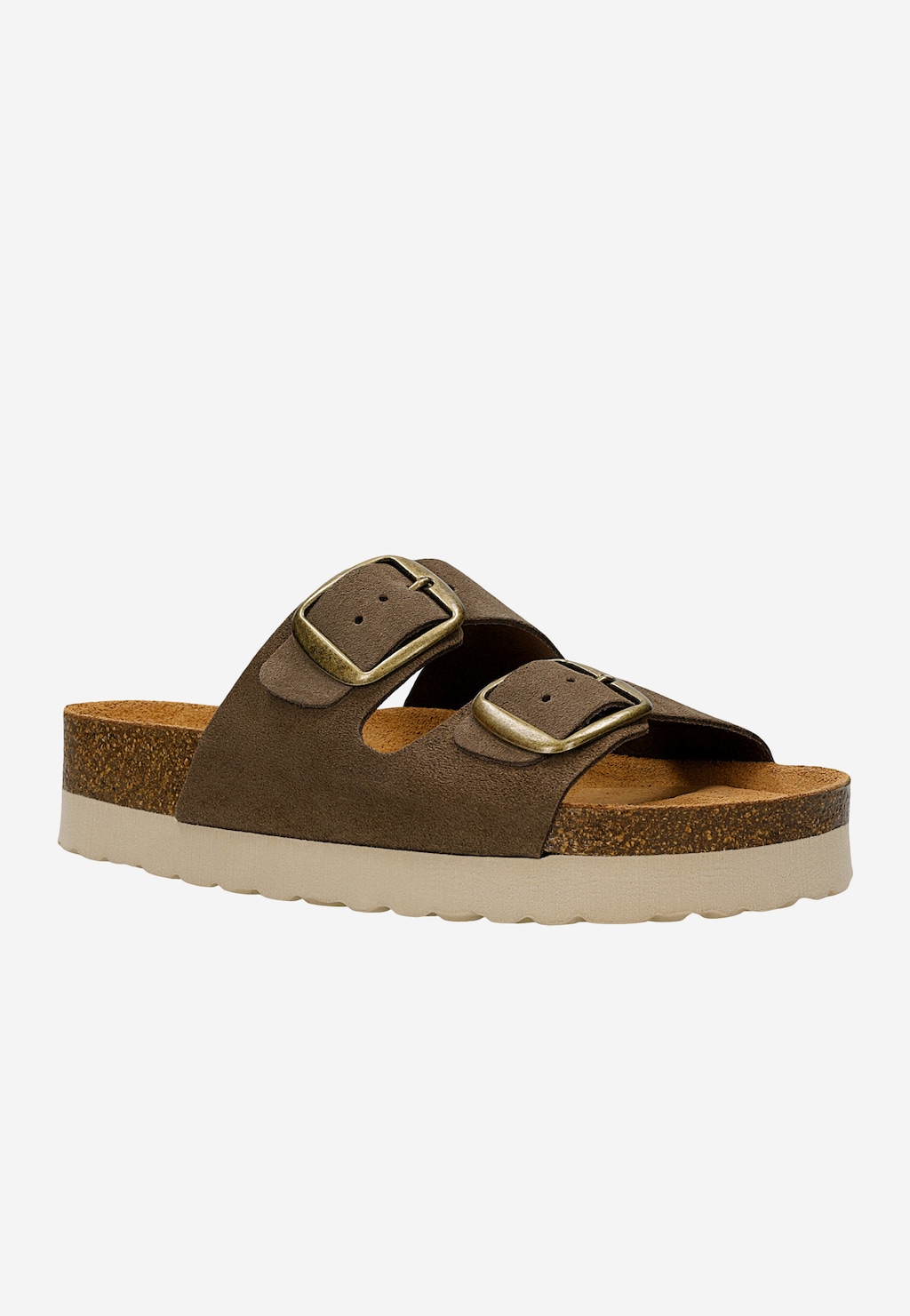 Brązowe klapki Wojas model 74147-62 z dwoma klamrami, na platformie korkowej z beżową podeszwą. Wykonane z zamszu, z wygodną korkową wyściółką.