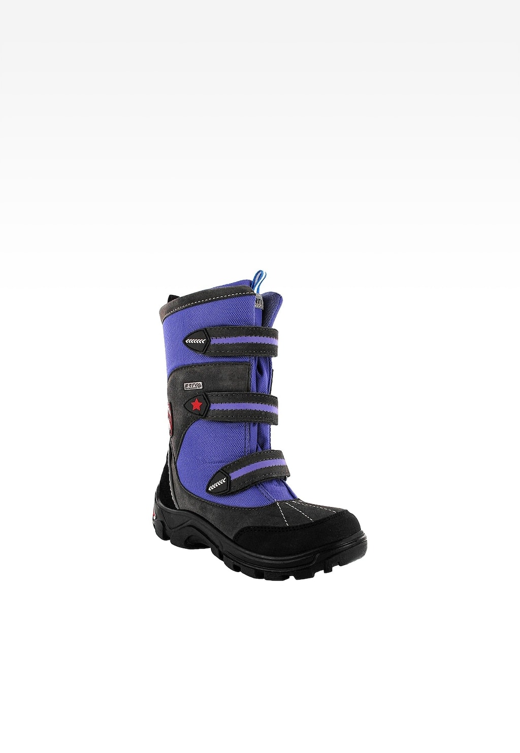 Czarno-niebieski ocieplany trzewik dziecięcy Bartek T-37235/0HU z membraną BRTKTex, zapinany na trzy rzepy, widok z boku, wodoodporne zimowe obuwie dla dzieci.
