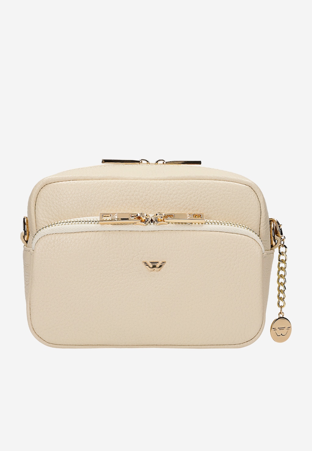 Mała beżowa torebka skórzana Wojas 80314-54 crossbody bag ze złotymi dodatkami - ozdobny zamek, logo i łańcuszek z zawieszką z przodu.