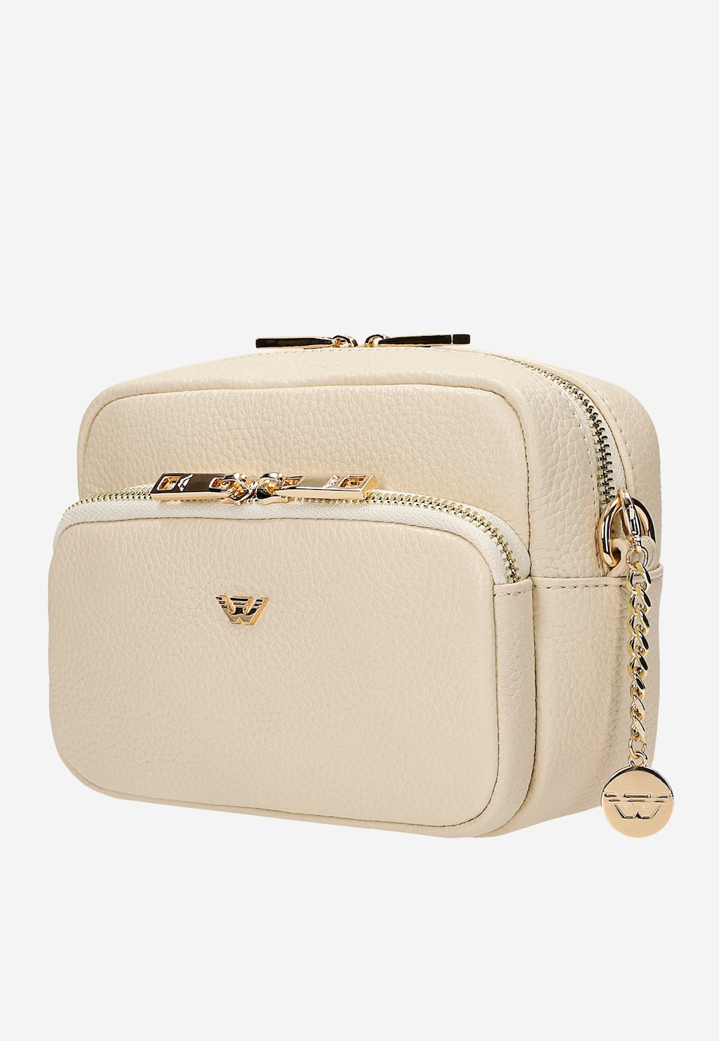 Mała beżowa torebka crossbody Wojas model 80314-54 ze skóry z widocznymi złotymi elementami, zamkami błyskawicznymi i charakterystycznym zawieszką na łańcuszku.
