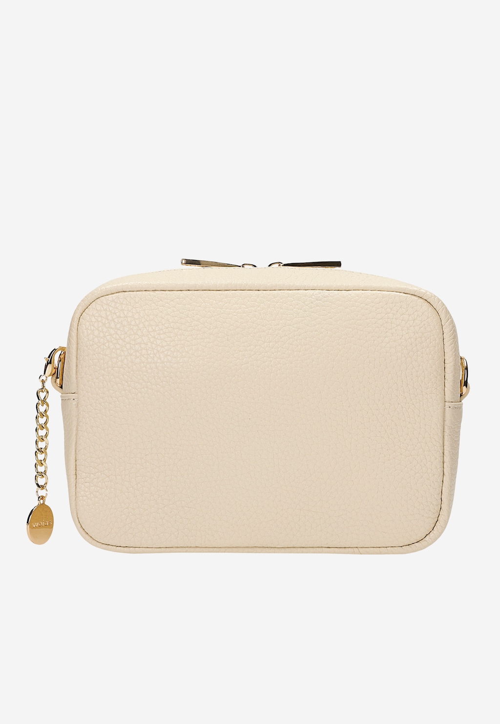 Mała beżowa torebka crossbody Wojas model 80314-54 ze skóry z fakturą, złotymi dodatkami i łańcuszkiem, zapinana na suwak z metalowymi elementami.