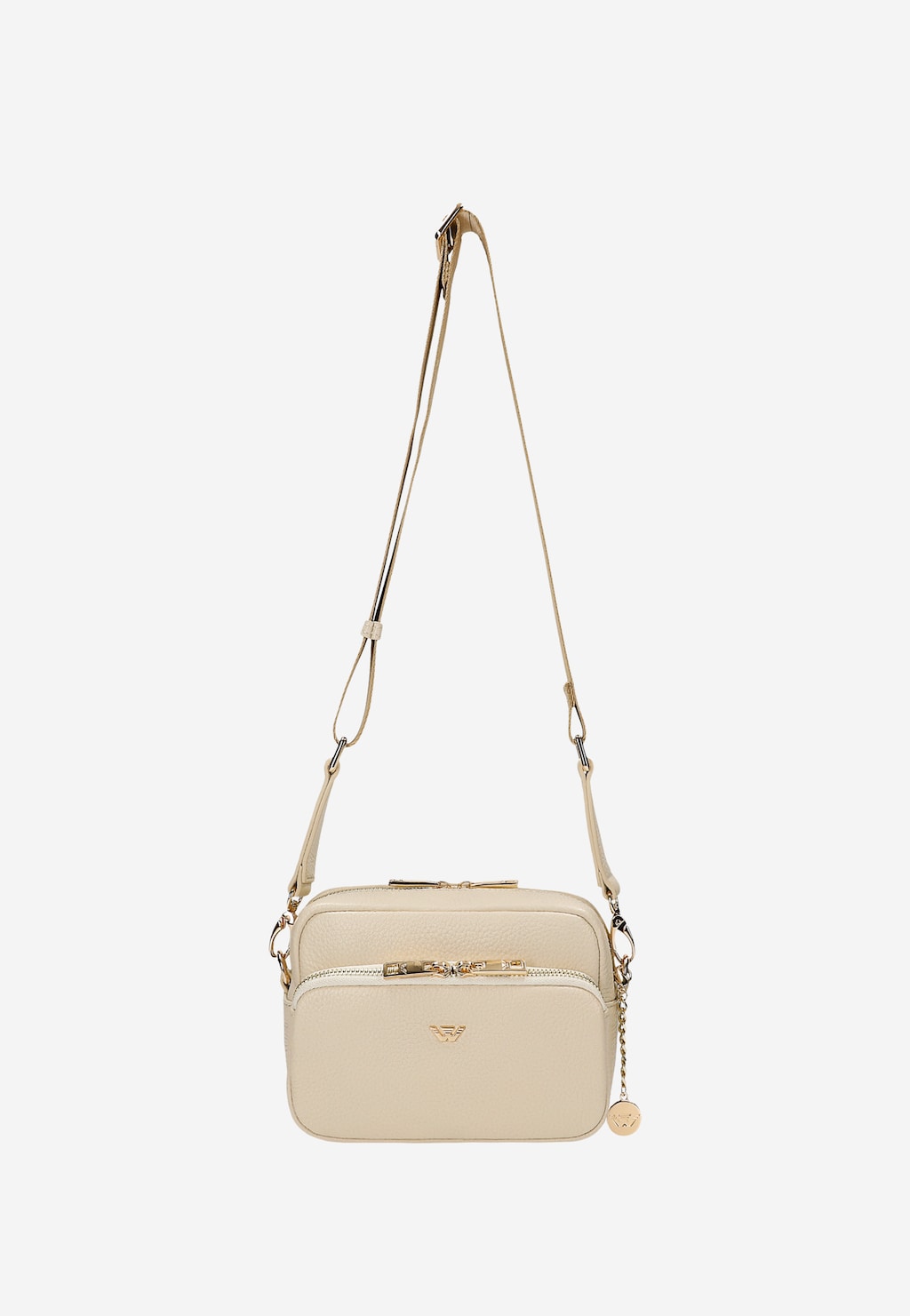 Mała skórzana torebka crossbody Wojas 80314-54 w kolorze beżowym z regulowanym paskiem, złotymi zamkami i logo marki na froncie, idealna na codzienne stylizacje.