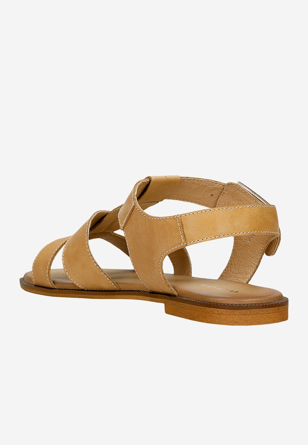 Beżowe rzymianki damskie Wojas 76211-54 z nubuku, widok z boku ukazujący skórzane paski tworzące charakterystyczny wzór i płaską podeszwę z jasnym obcasem.