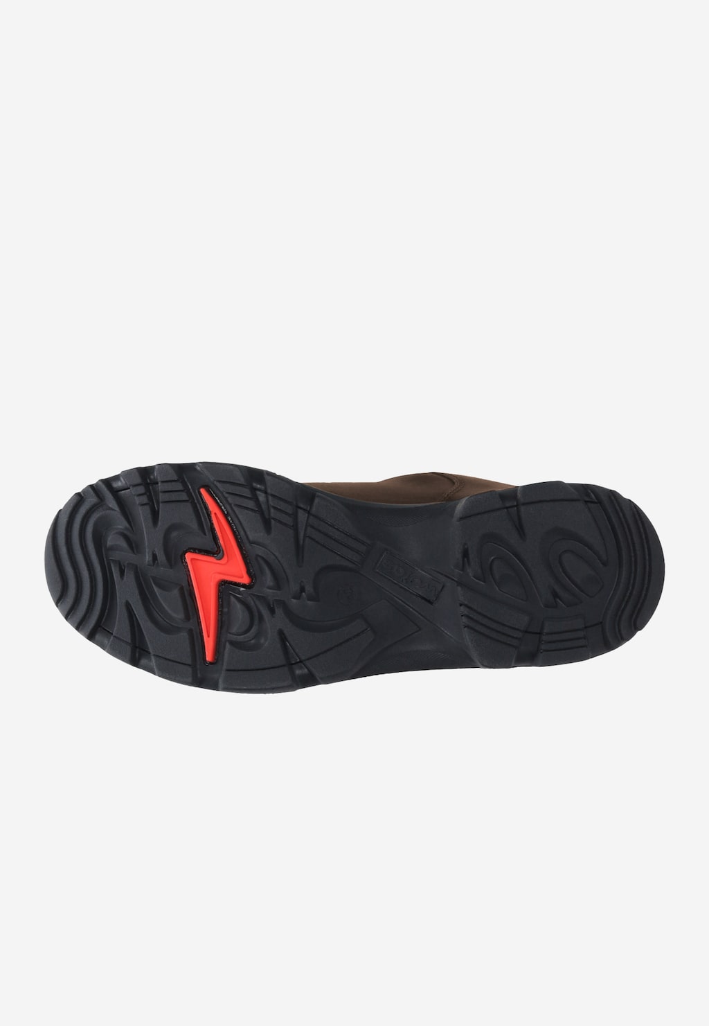 Czarna podeszwa męskich butów trekkingowych Wojas model 9377-92 z czerwonym akcentem w kształcie błyskawicy i wyraźnym, głębokim bieżnikiem zapewniającym dobrą przyczepność.