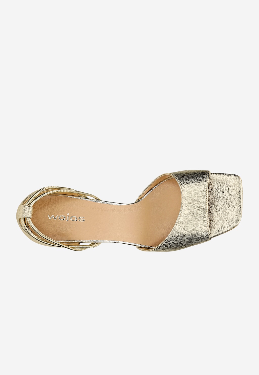 Eleganckie złote sandały Wojas model 76201-58 widziane z góry, z charakterystycznymi paskami do wiązania na kostce i kwadratowym noskiem, wykonane z metalicznej skóry.