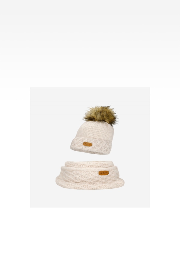 Jasnobeżowy komplet BARTEK 8560284 czapka + komin z wełną merino
