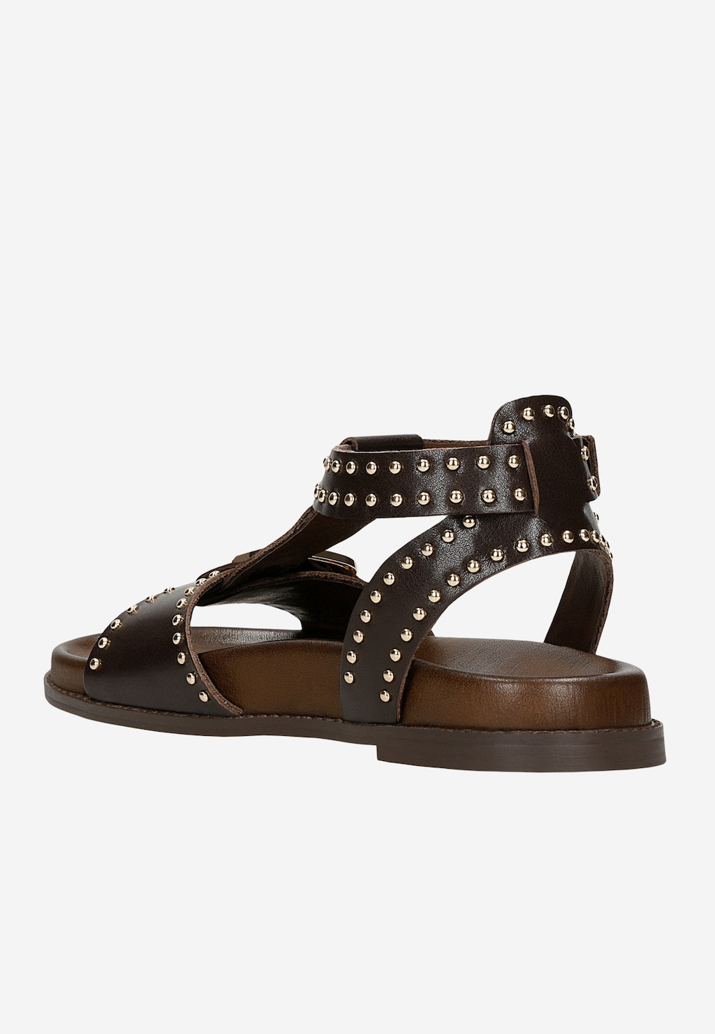 Brązowe skórzane sandały damskie Wojas 76240-52 z ozdobnymi złotymi ćwiekami na paskach, widok z boku ukazujący charakterystyczne zapięcie i płaską podeszwę.