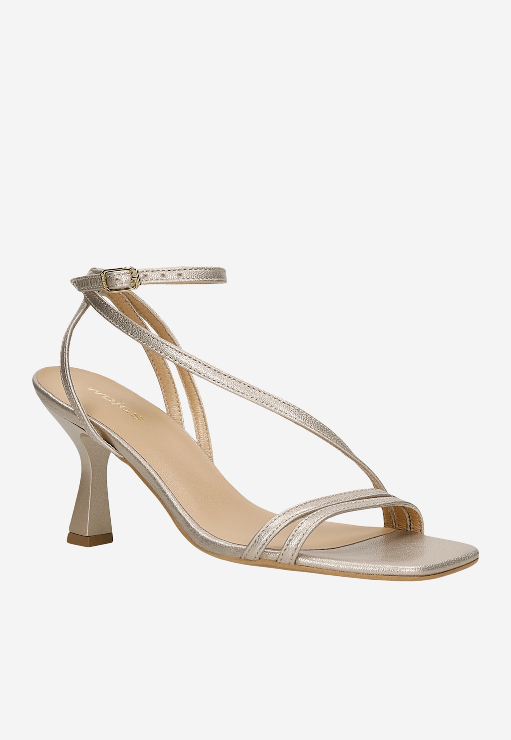 Eleganckie złociste sandały damskie Wojas model 76202-58 z cienkimi paseczkami, zapięciem wokół kostki i modnym kwadratowym noskiem na smukłym obcasie.