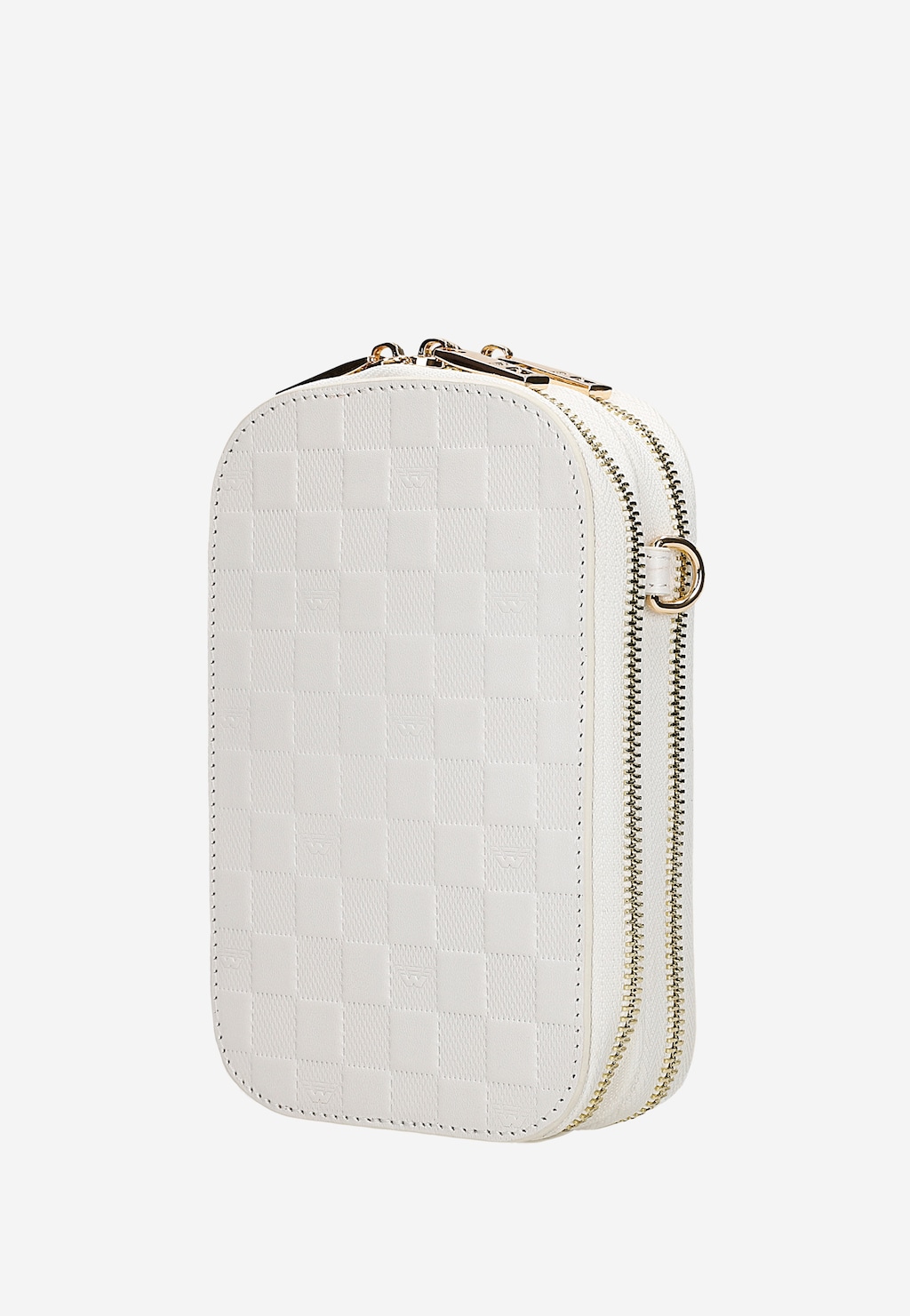 Biała torebka na telefon Wojas model 80061-59 ze skóry z eleganckim monogramem w szachownicę, złotym zamkiem błyskawicznym i metalowymi dodatkami.