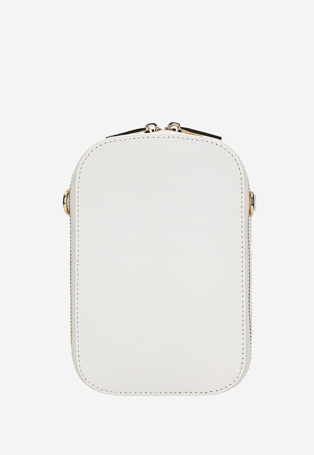 Biała elegancka torebka na telefon Wojas model 80061-59 ze złotymi elementami, zapięciem na zamek i przeszyciami na krawędziach.