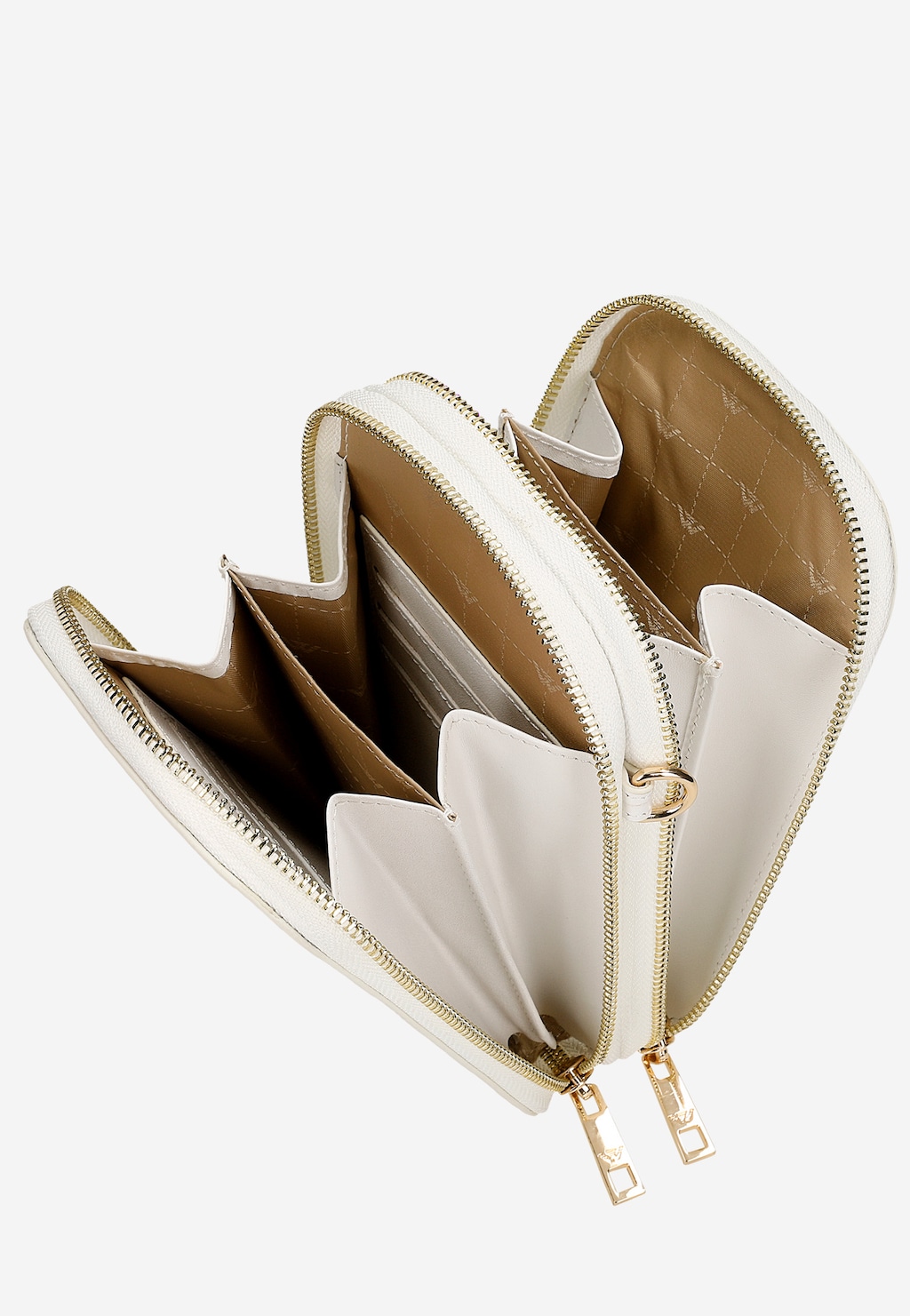 Biała torebka Wojas na telefon model 80061-59 z monogramem, otwarta, ukazująca wnętrze z przegródkami, złotymi zamkami błyskawicznymi i beżową podszewką.