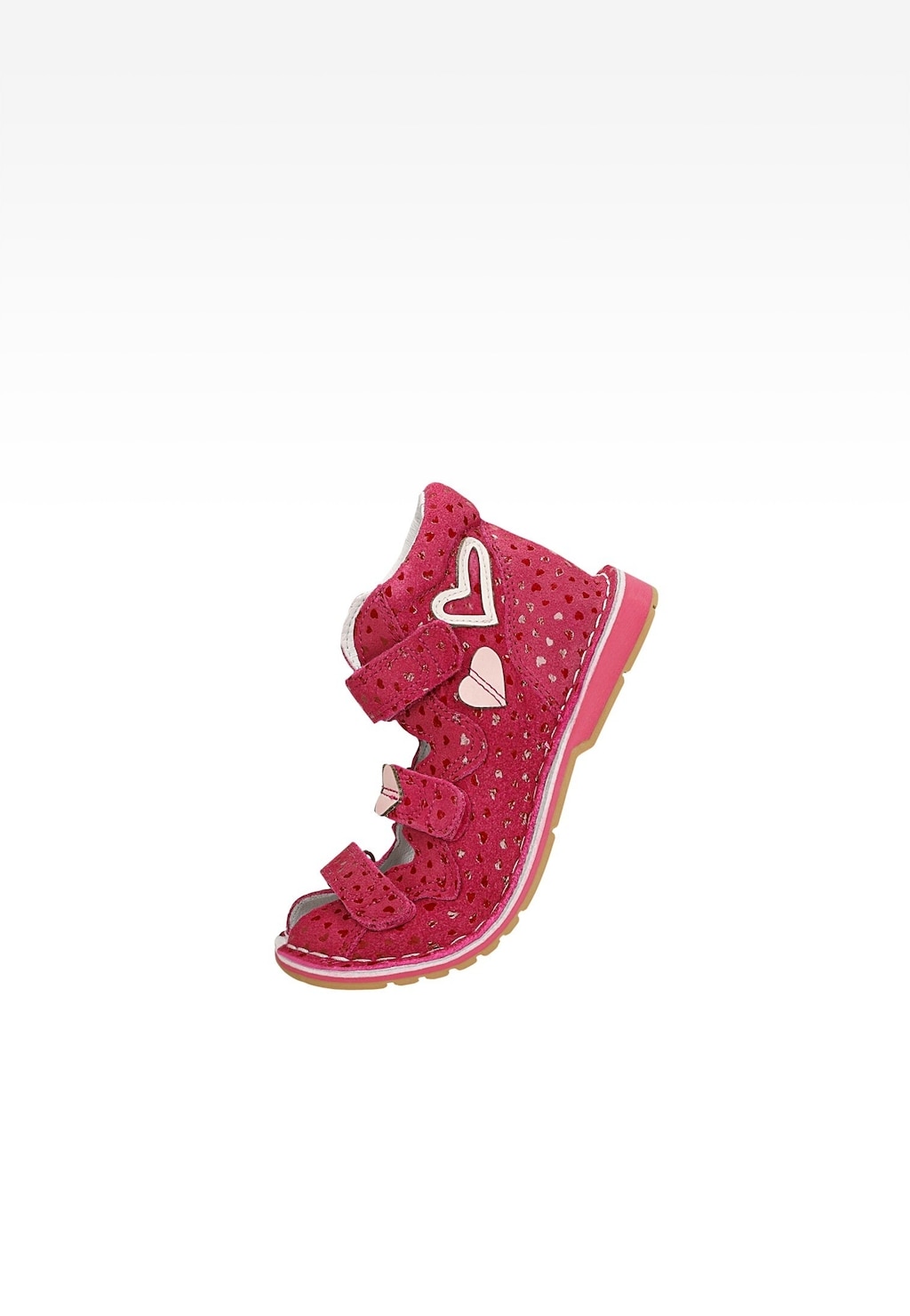 Różowe sandały zabudowane BARTEK 8550065 dla dziewczynki z wzorem w serduszka i ażurowymi otworami, zapinane na trzy rzepy, z gumową podeszwą.