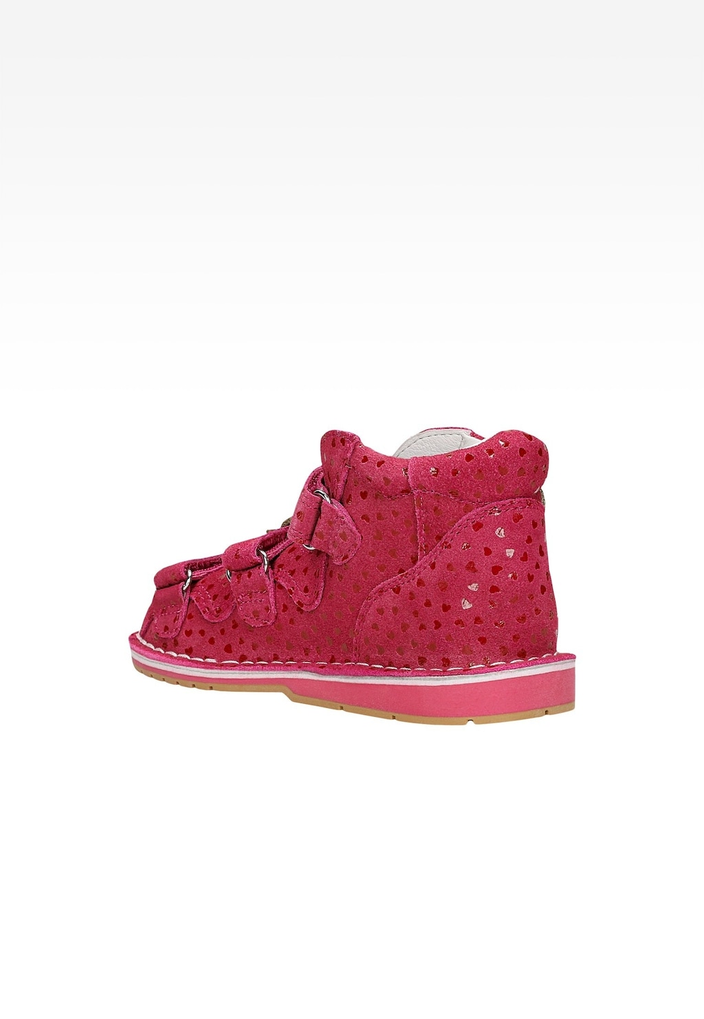 Różowe sandały zabudowane Bartek model 8550065 dla dziewcząt, z ozdobnymi dziurkami i trzema paskami na rzepy, widok z boku ukazujący wysoką cholewkę i gumową podeszwę.