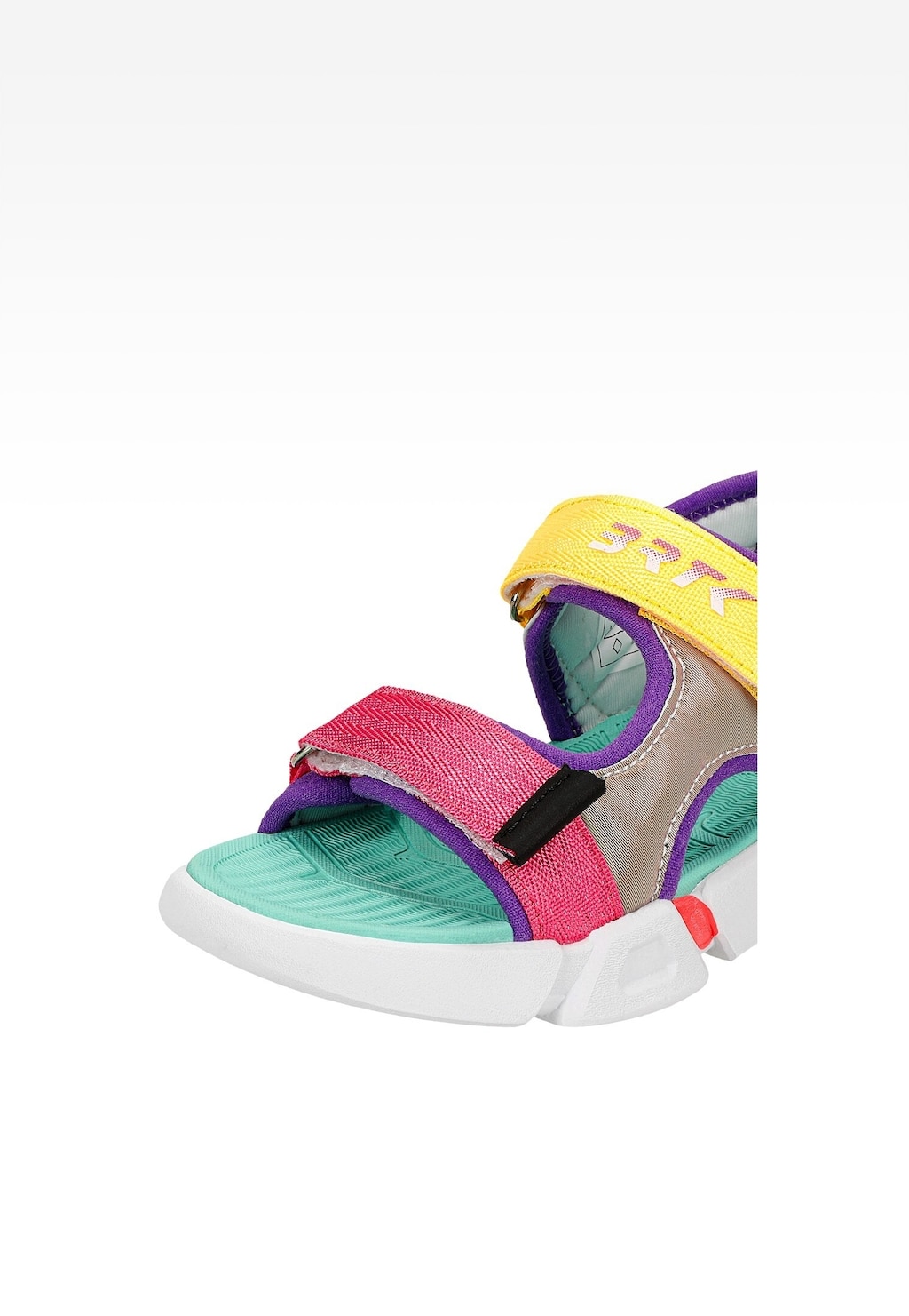 Kolorowe sandały dziecięce Bartek 16043202 z różowym i żółtym rzepem, miętową podeszwą i fioletowymi akcentami, widok z boku.