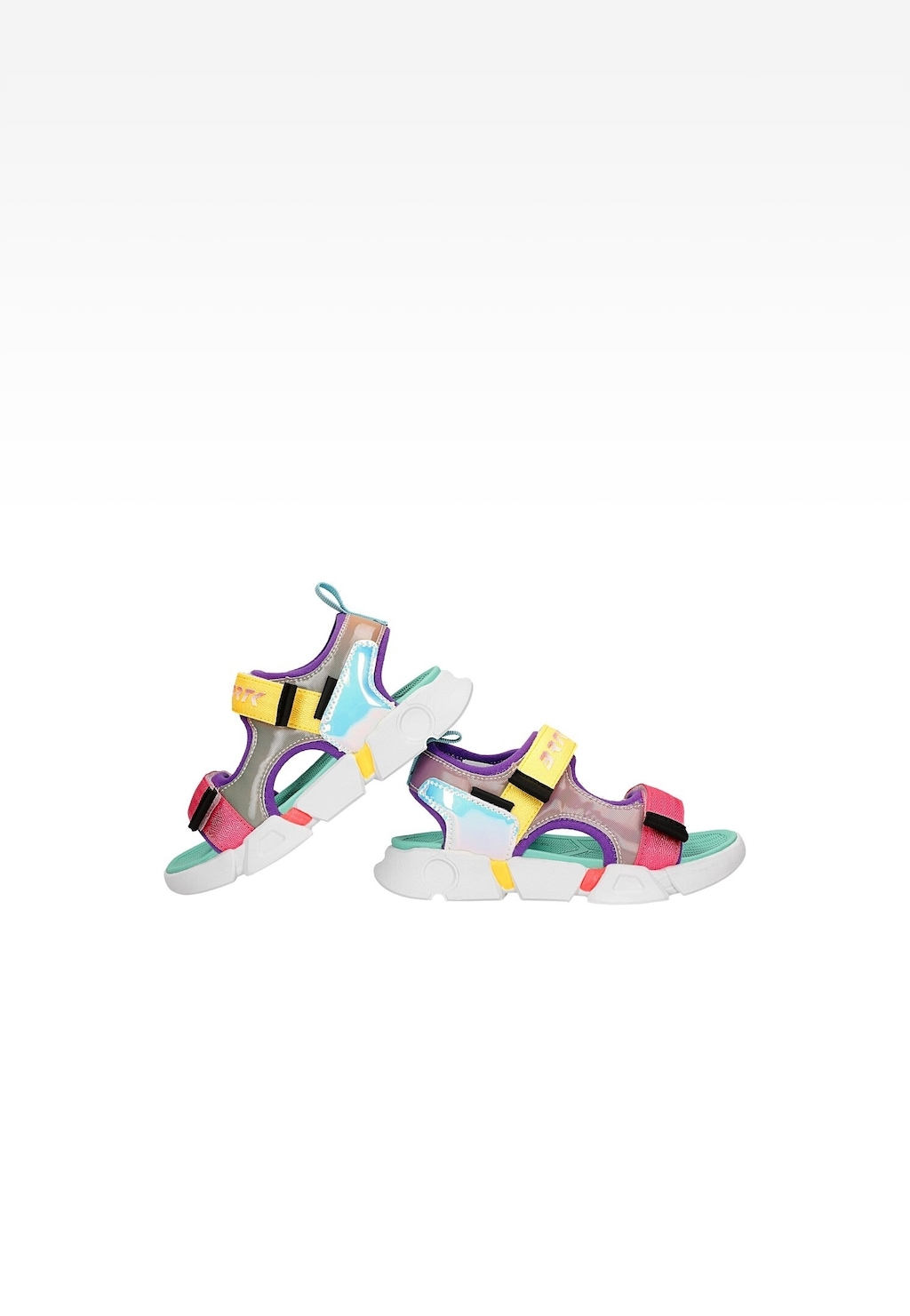 Kolorowe sandały dziecięce Bartek 16043202 dla dziewcząt, z holograficznymi elementami, różowymi i żółtymi paskami oraz miętowymi akcentami, na białej grubej podeszwie.