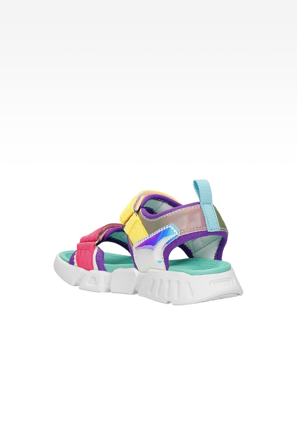 Kolorowe sandały dla dziewcząt Bartek 16043202 z paskami w odcieniach różu, żółci i fioletu, z holograficznymi elementami, na białej grubej podeszwie i miętowej wkładce.