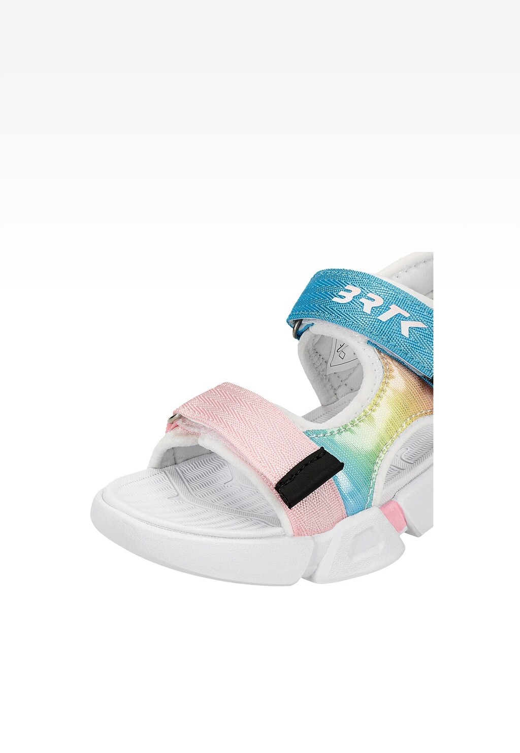 Kolorowe sandały dziecięce Bartek 16043201 dla dziewczynki z różowym i niebieskim paskiem na rzep, tęczową wstawką i białą podeszwą, widok z przodu.