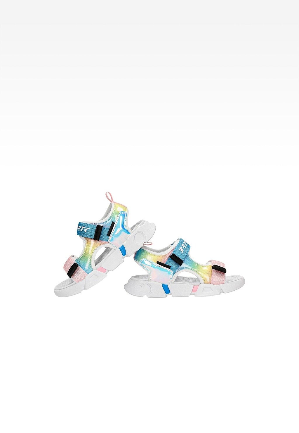 Kolorowe sandały dziewczęce BARTEK 16043201 z tęczowymi paskami w odcieniach błękitu, różu i żółci, zapinane na rzepy, z grubą, białą podeszwą.
