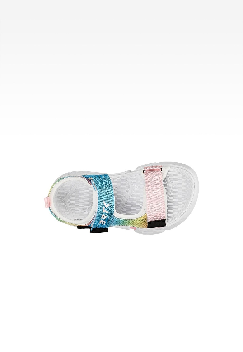 Dziewczęce sandały Bartek 16043201 z widokiem z góry, z kolorowymi paskami - niebieskim z przodu i różowym z tyłu, na białej podeszwie. Zapięcia na rzepy.