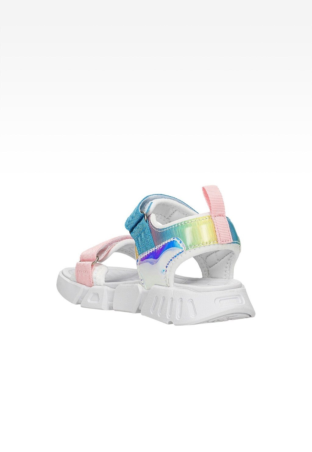 Kolorowe sandały Bartek 16043201 dla dziewcząt z tęczowymi paskami, błyszczącymi elementami, różowymi zapięciami i białą grubą podeszwą, widok z boku.