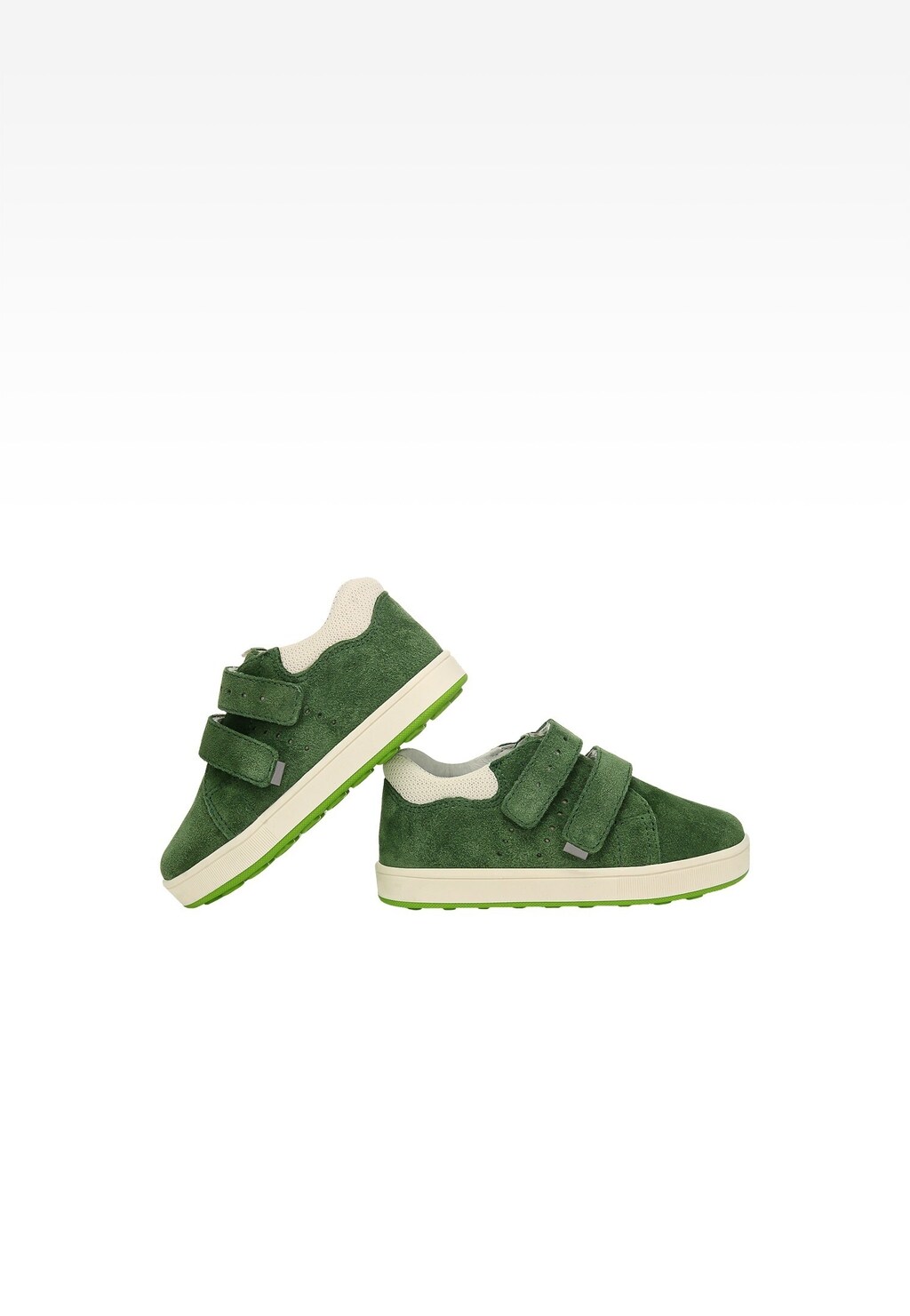 Ciemnozielone zamszowe półbuty dziecięce BARTEK 1104206 z rzepami, kremową cholewką i zieloną podeszwą, przedstawione z boku.