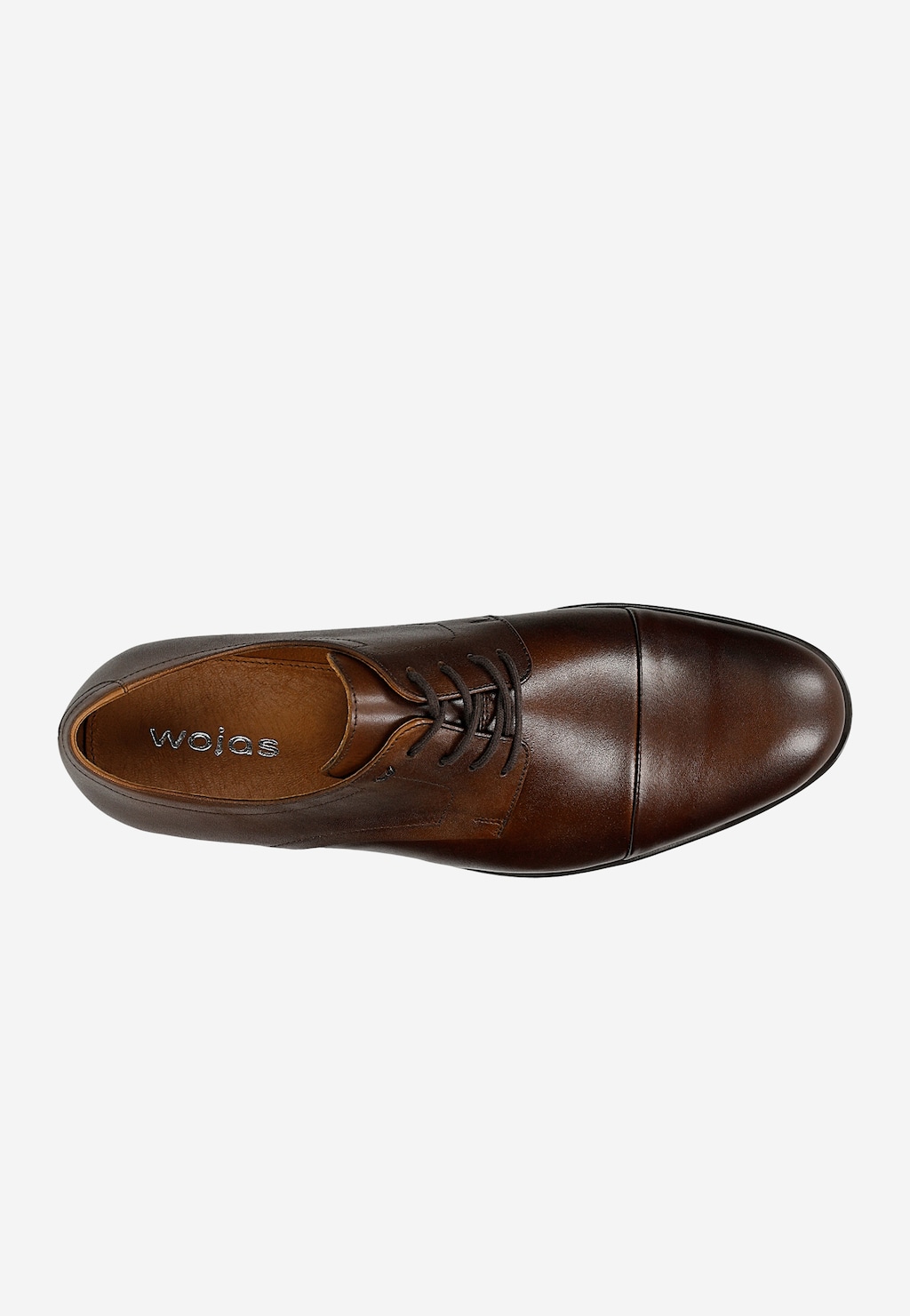 Brązowe skórzane buty wizytowe Wojas model 10274-53 z widoczną wewnętrzną podszewką, widziane z góry. Elegancki but typu oxford z zaokrąglonym noskiem i sznurowaniem.