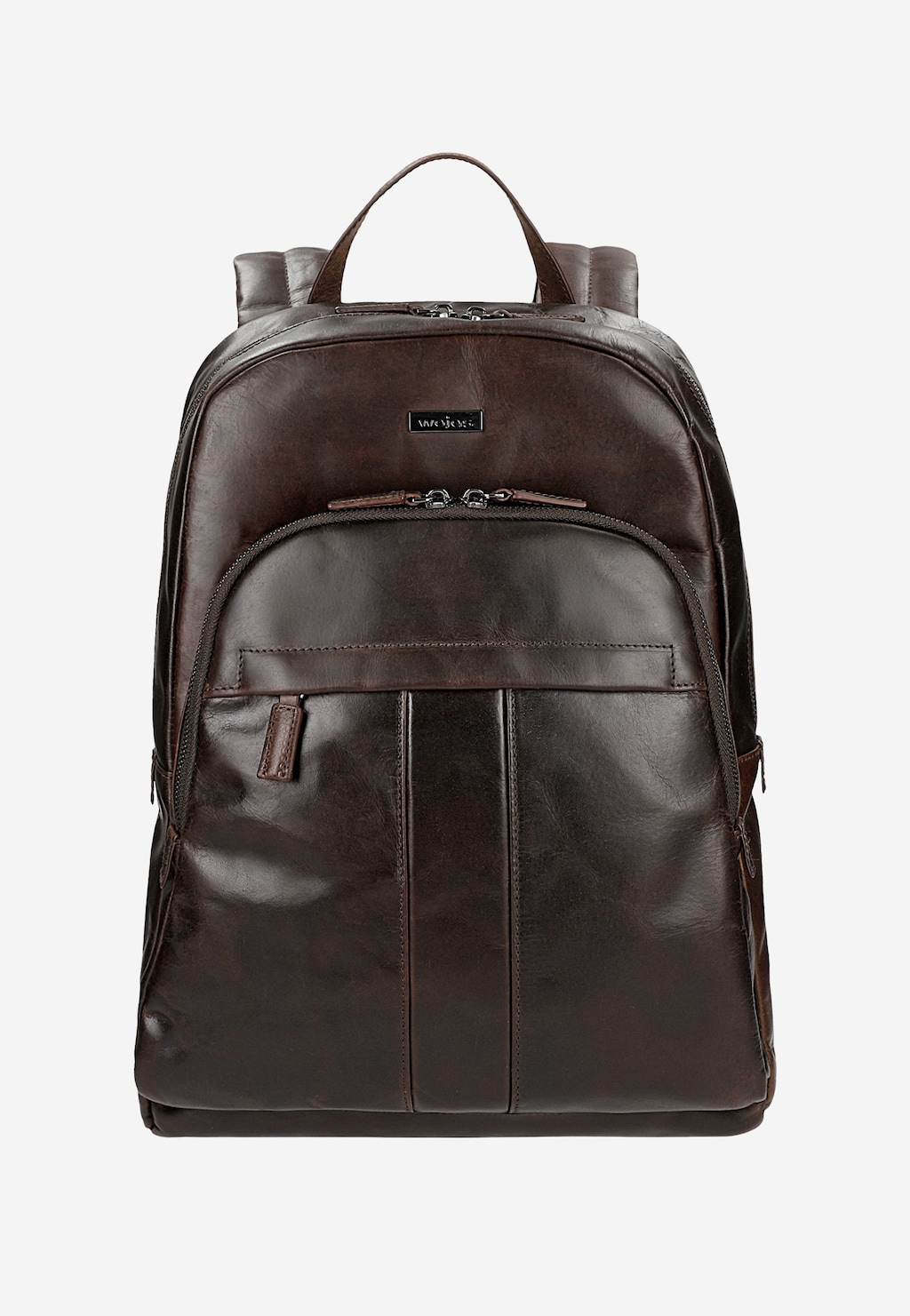 Duży brązowy plecak męski Wojas 80373-42 ze skóry licowej, z metalowym logo, dwoma przednimi kieszeniami zamykanymi na suwak i eleganckim przeszyciem.