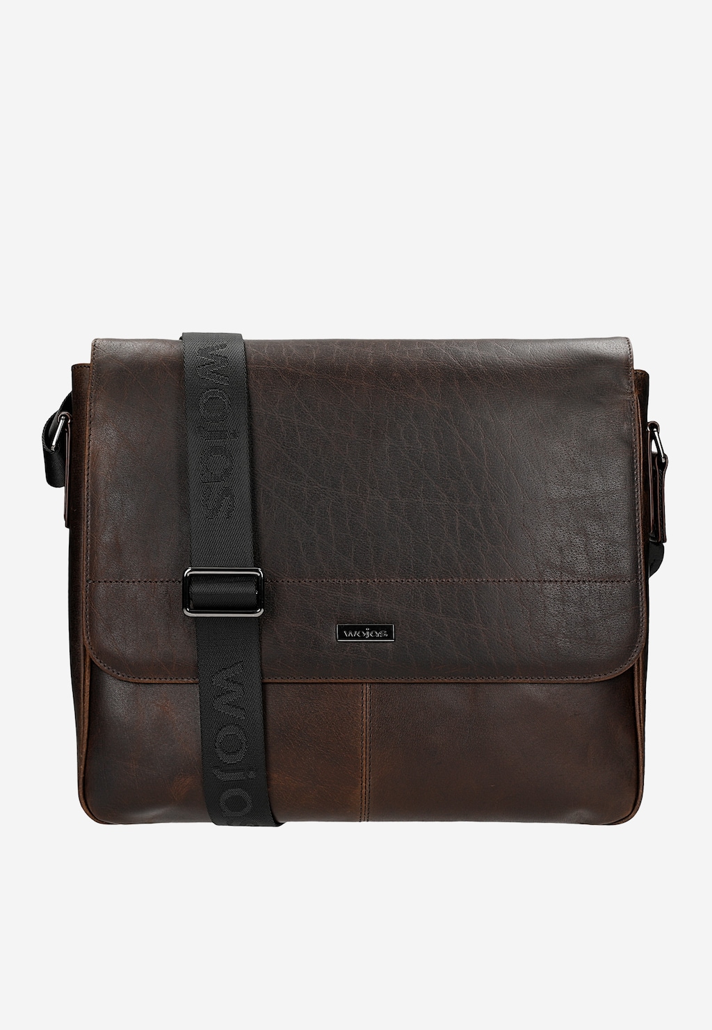 Duża torba męska Wojas 90025-42 z brązowej woskowanej skóry typu pull up z czarnym paskiem na ramię, metalowymi dodatkami i logo marki na klapie.