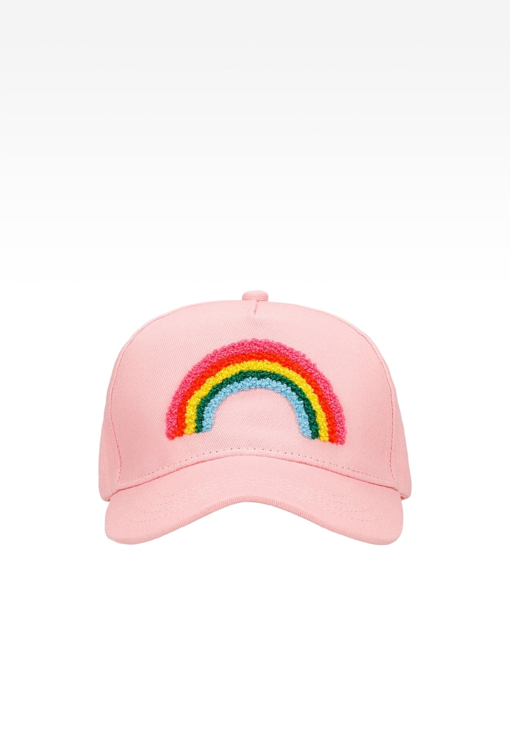 Różowa czapka z daszkiem Bartek dla dziewczynki z kolorową tęczową aplikacją, model 85611-16, widok z przodu.