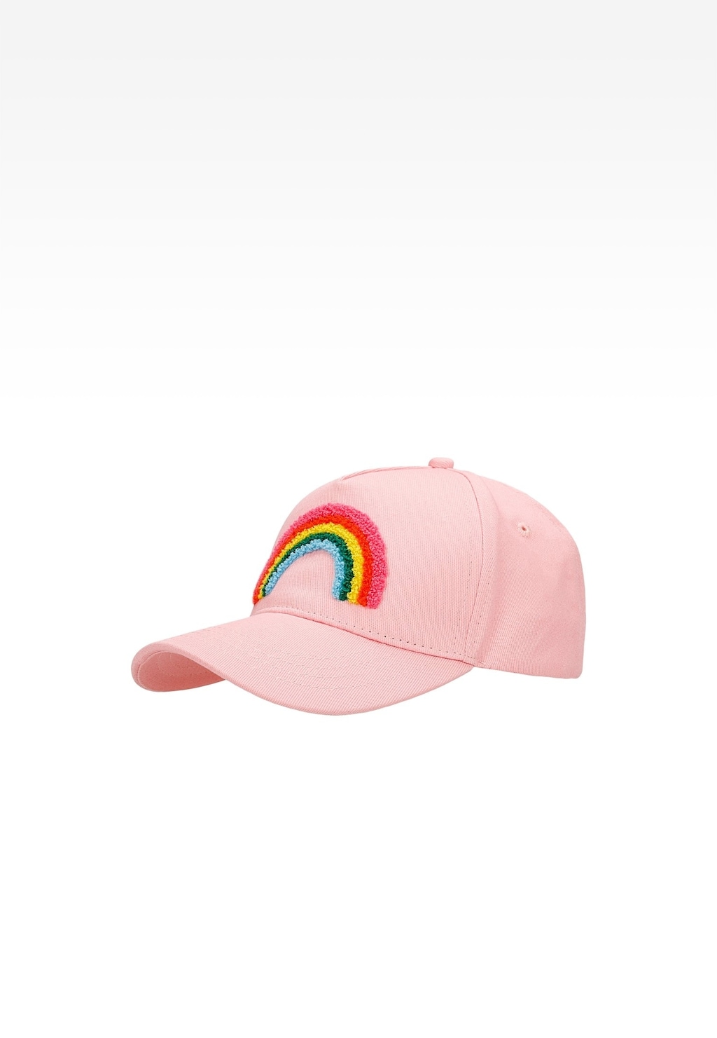 Różowa czapka z daszkiem dla dziewczynki Bartek z kolorowym motywem tęczy, model 85611-16, widok z boku ukazujący kształt i ozdobę.