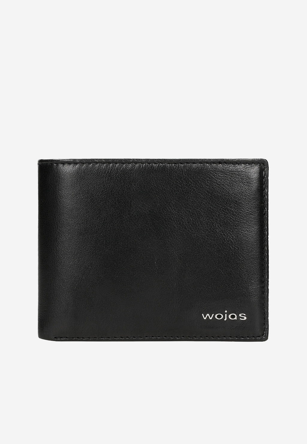 Czarny skórzany portfel męski Wojas model 8938-51 z eleganckim metalowym logo widocznym w prawym dolnym rogu, ukazany z góry w pozycji zamkniętej.